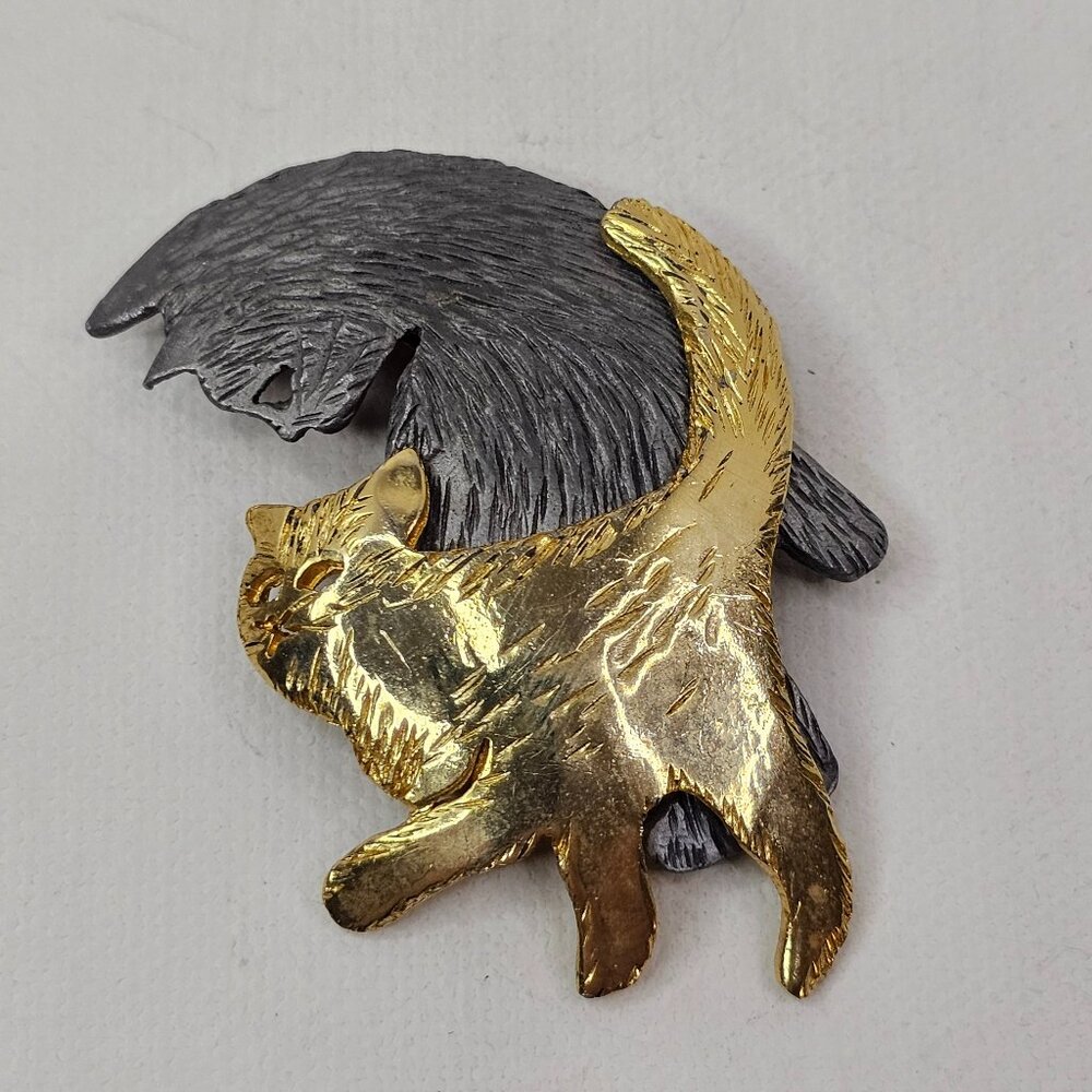 Ultra Craft Silver Gold Tone Two Cats Brooch Vintage Pin